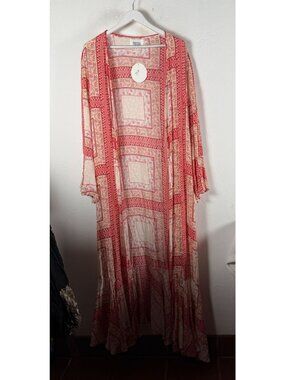 Freesia Women's Long Kimono Duster Floral Patchwork Boho Open Front Medium New